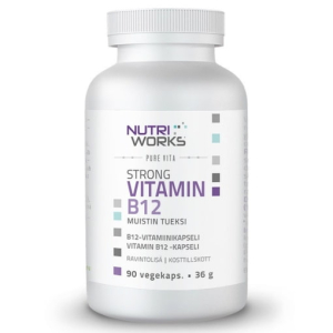 B12-vitamiini vahvassa kapselissa tukee muistia, hermoston normaalia toimintaa ja energia-aineenvaihduntaa. Vegaaninen metyylikobalamiini, auttaa vähentämään väsymystä ja uupumusta. 90 kapselin purkki. Nutri Works.