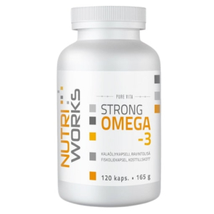 Vahva omega 3 kalaöljy kätevässä kapselissa. Nutri Works Strong Omega-3 on puhdas kalaöljykapseli, joka tukee sydämen terveyttä, aivotoimintaa ja näkökykyä. Tehokas annos sisältää tärkeitä omega-3-rasvahappoja (EPA ja DHA). Vatsaystävällinen kalaöljy ei aiheuta röyhtäilyä.