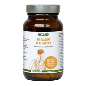 Biomed Premium B-Complex on monipuolinen B-vitamiinilisä, joka sisältää kahdeksaa eri B-vitamiinia.